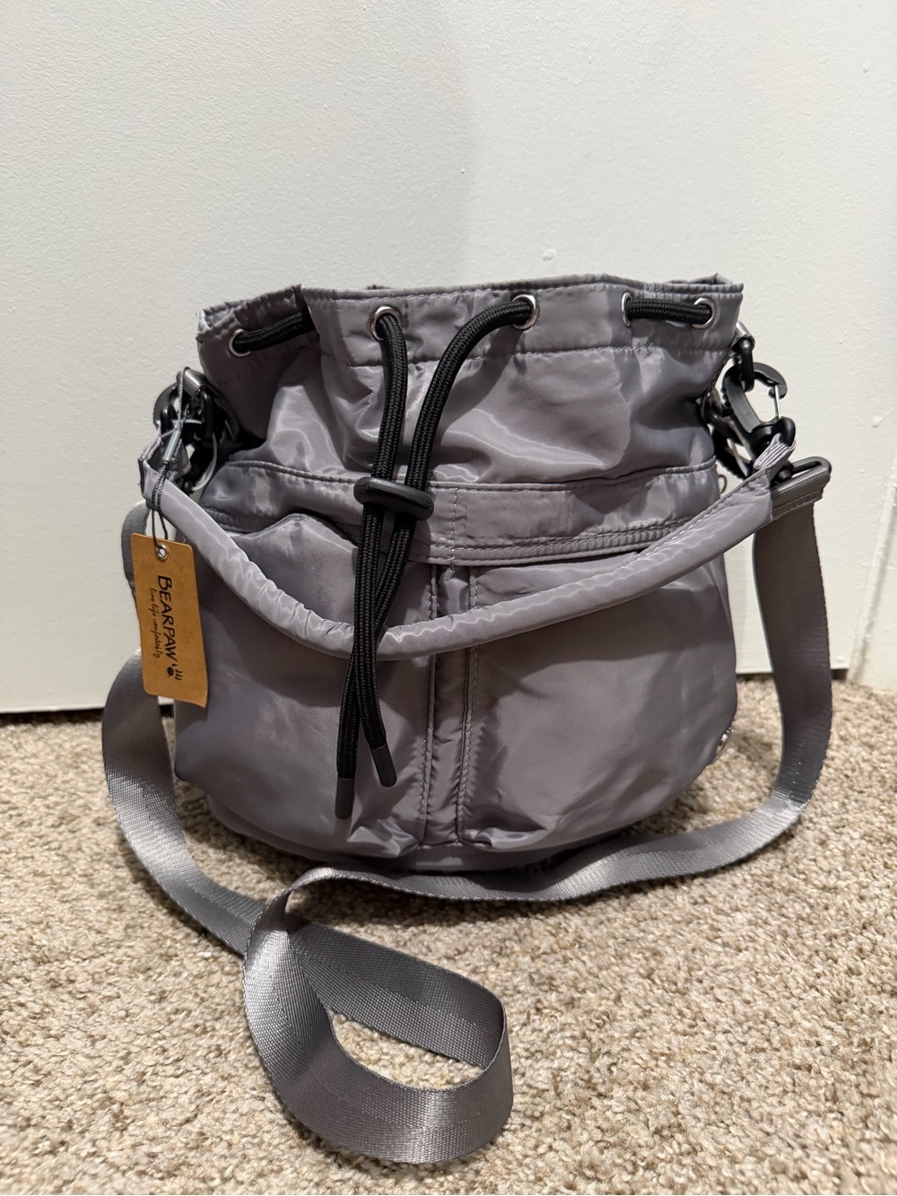 NWT Bearpaw Grey Drawstring Crossbody Bag